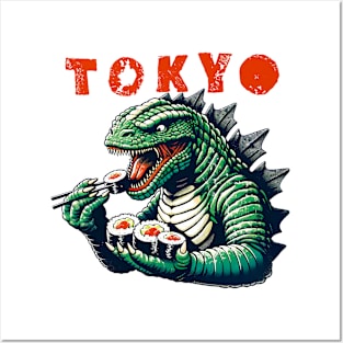 Tokyo Monster Sushi Feast T-Shirt - Fun Urban Dinosaur Graphic Tee Posters and Art